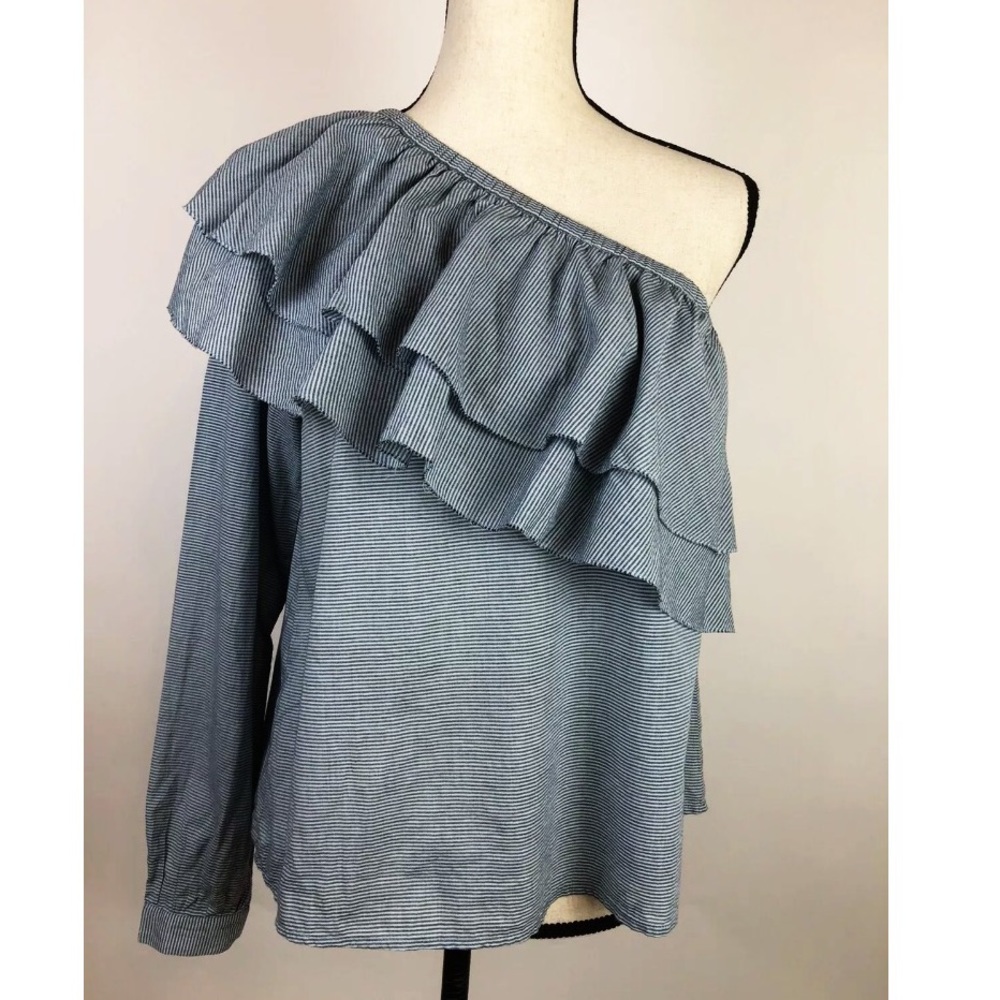 Chan Luu One Shoulder Ruffle Cotton Nautical Top